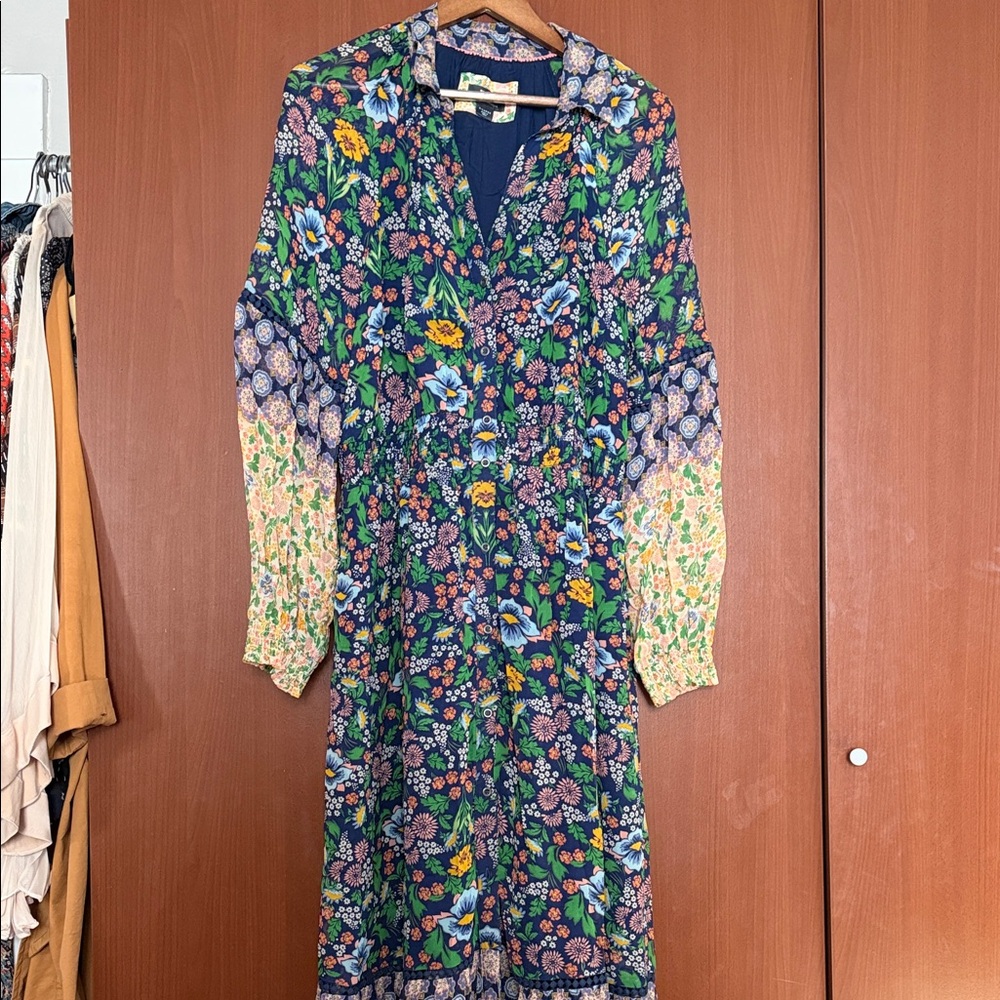 Maeve Navy Multicolor Floral Long Sleeve Midi Dress